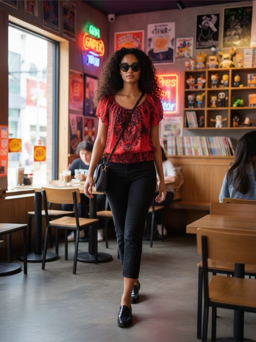 CATO'S MOODY RED & BLACK GRAPHIC DESIGN PLEATED FLOWY SHORT SLEEVE  BLOUSE